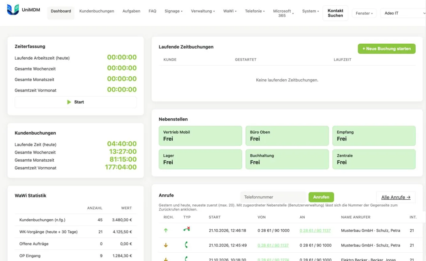UniMDM-Dashboard mit Zeiterfassung, Nebenstellen-Status und Anrufliste